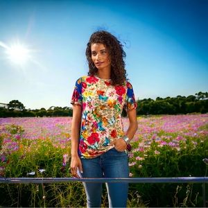 Johnny Was Mayflower Favorite Short Sleeve Crew Neck Swing Tee Multi XXS NWT